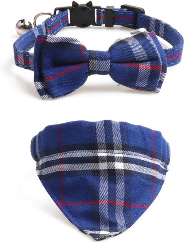 PETFAVORITES Breakaway Bowtie Cat Collar with Bell - Plaid Bandana Kitten Collar for Kitty Teacup Puppy, Adjustable, 2 Pack (Blue, 7.8…