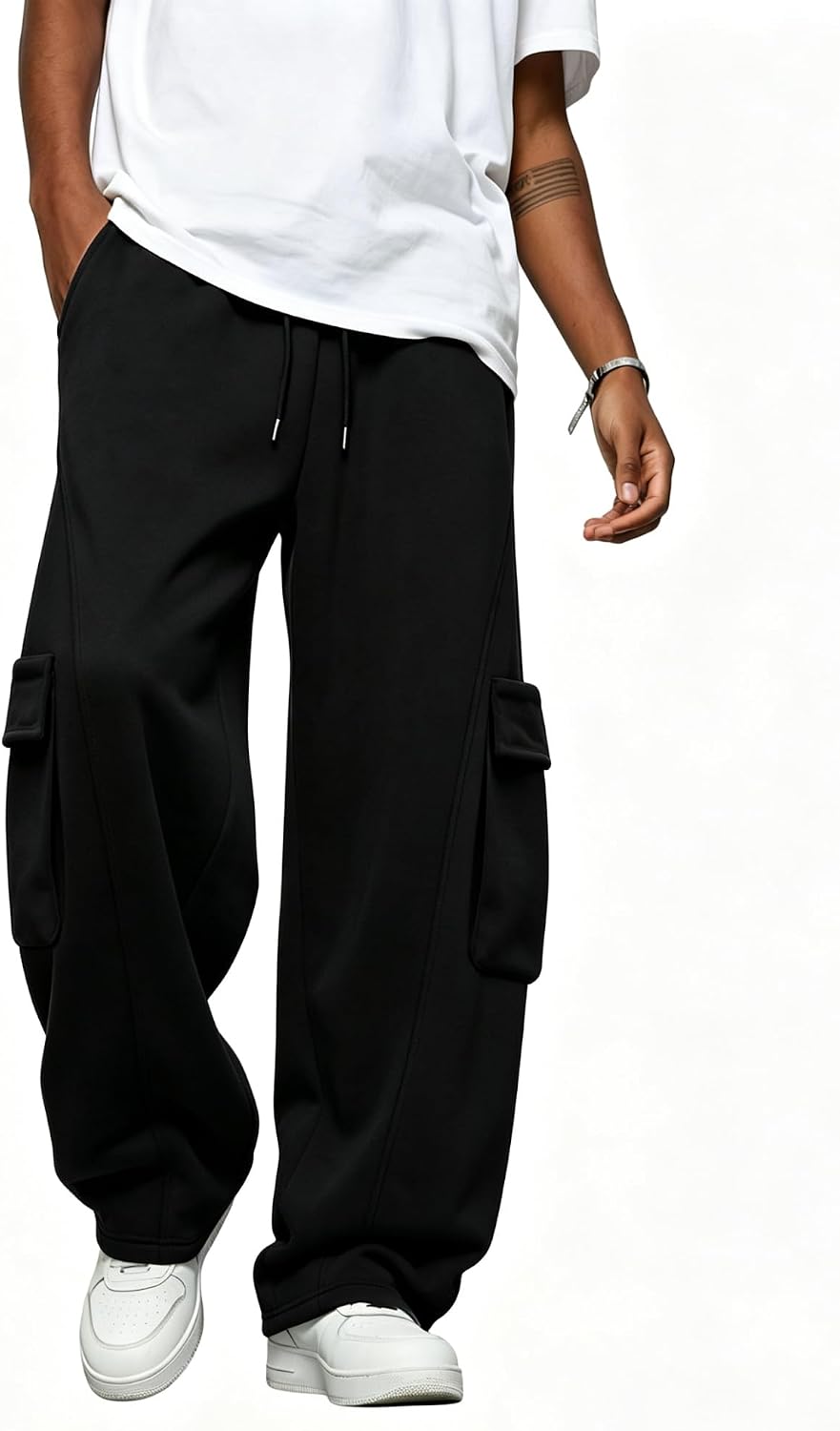 Men's Baggy Sweatpants Heavyweight Fleece Cargo Pants Wide Leg Loose Fit Casual Joggers Sweat Pants for Men with Pockets
