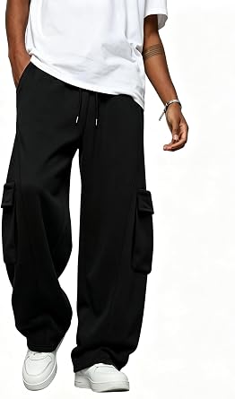 Men's Baggy Sweatpants Heavyweight Fleece Cargo Pants Wide Leg Loose Fit Casual Joggers Sweat Pants for Men with Pockets