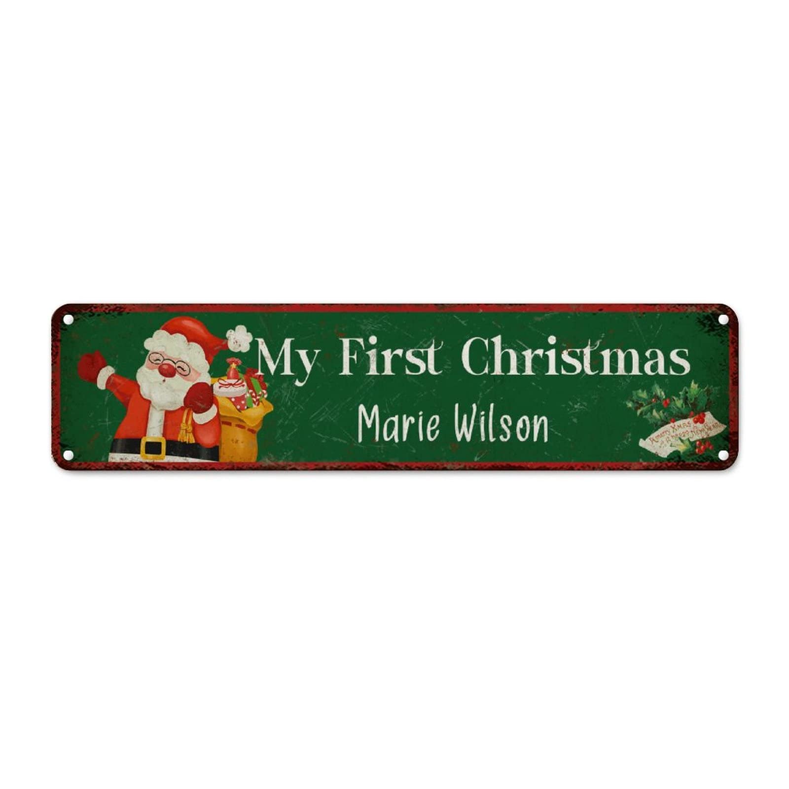 Panneau métal vintage My First Christmas Père Noël vert 61x15,2 cm pour décoration