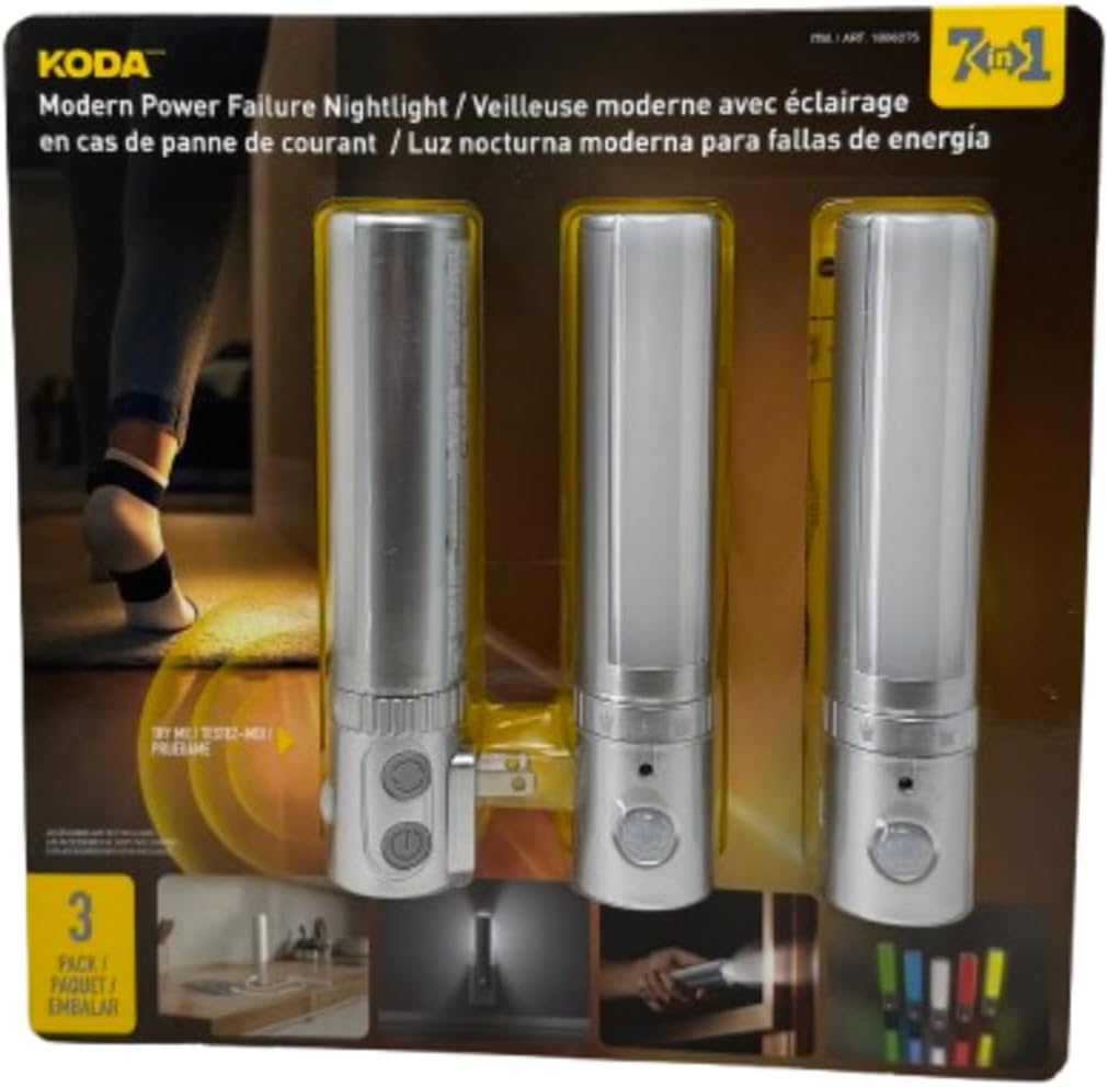 KODA 7-in-1 Modern Power Failure Night Light, 3-Pack | Automatic Emergency Light with Motion Sensor | Plug-in Night Light, Flashlight & Power Outage Backup