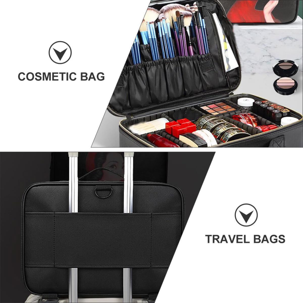 Healeved Borsa per Trucco da Viaggio Oxford Nero Divisori a Griglia e Manico, Portatile e Protettiva per Cosmetici e Accessori Personali