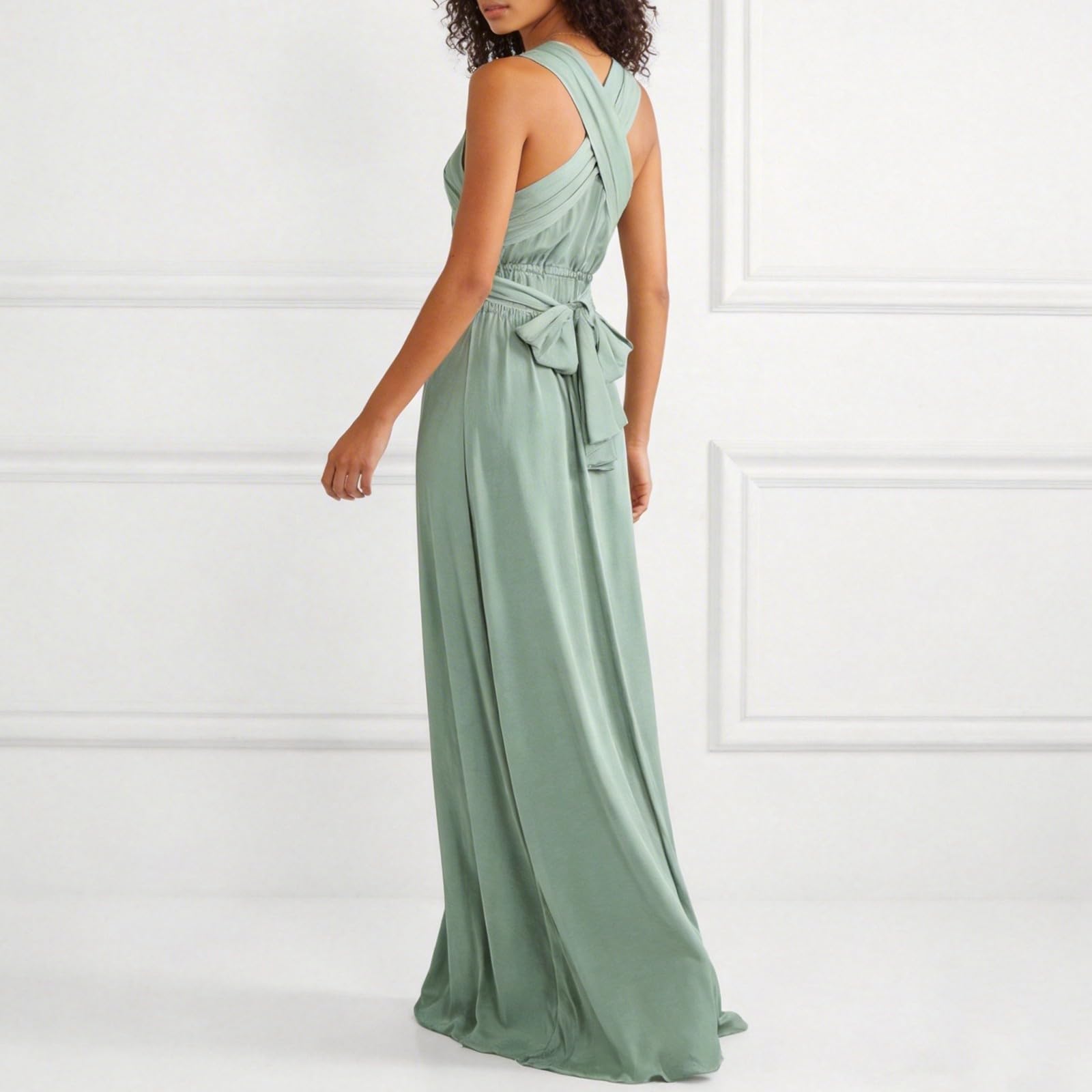Generisch Robe maxi pour femme avec col en V en vert sauge - Robe de soirée sans manches avec taille empire - Élégante robe d'été longue au sol