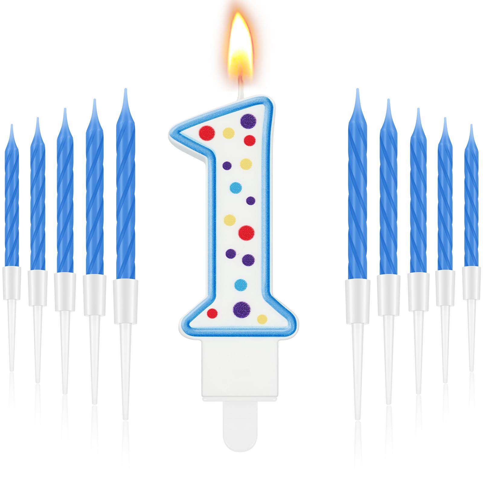 MTLEE Blaue Zahlenkerze mit 10 langen, dünnen Cupcake-Kerzen, Happy Birthday-Kerzen, für Jungen, Mädchen, Zahlenkerzen für Geburtstagskuchen, Zahlen, Geburtstag, Kuchenaufsatz für Sweet Dots Party