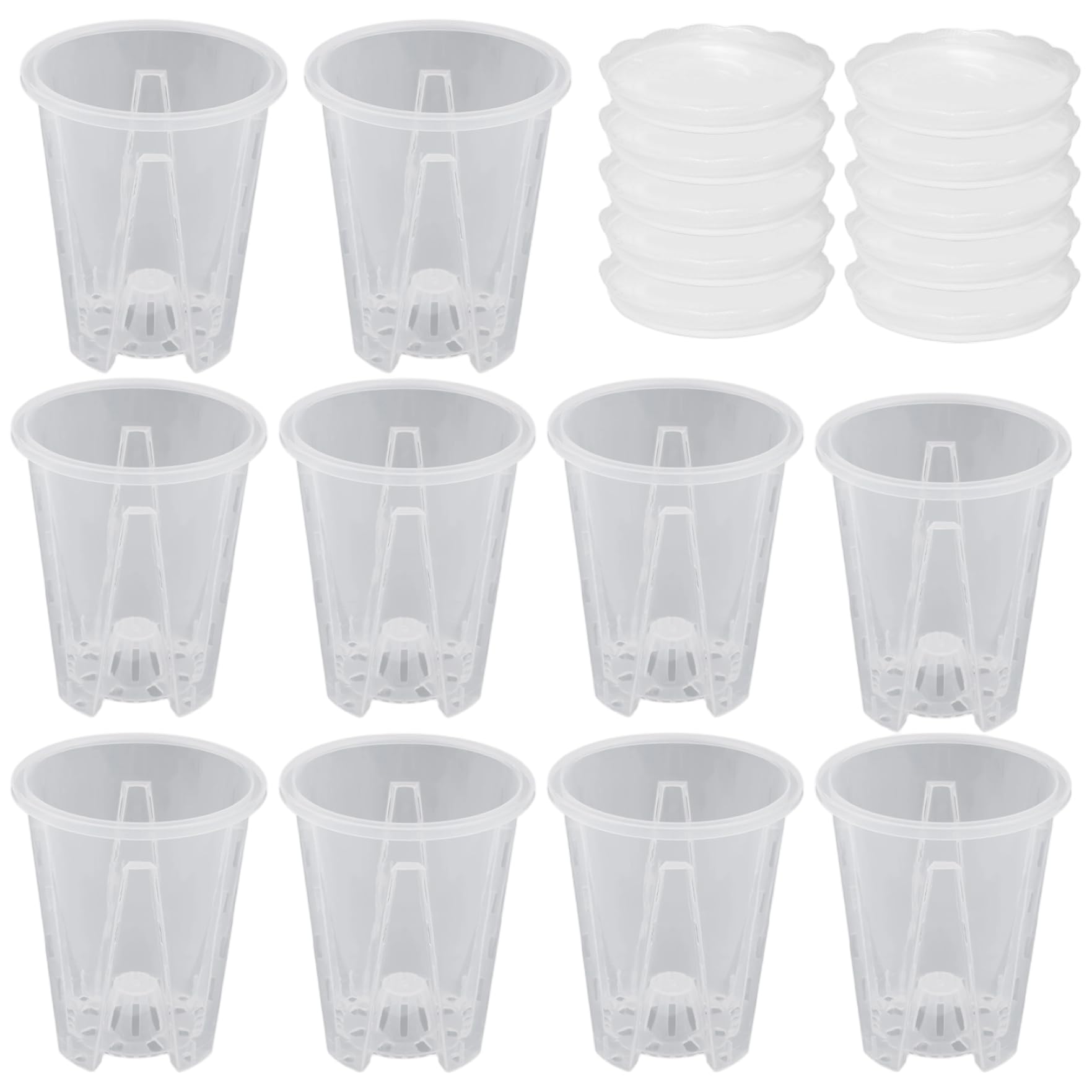 Drainage et soucoupes intégrés sur ce pot plastique transparent pour orchidée 5" x10