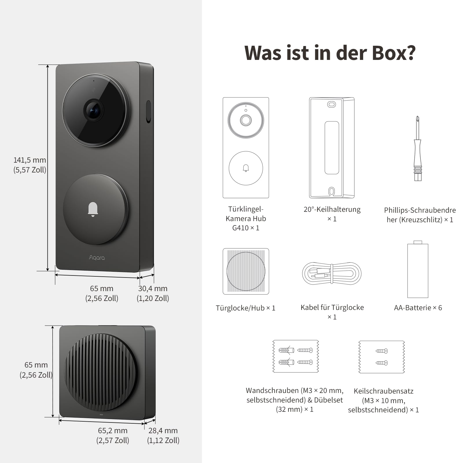 Aqara Smart Türklingel Kamera G410 mit Chime, 2k, Homekit-Sicherheits-Video, 2-Wege Audio, Integrierte Matter Hub, drahtlos/draht, unterstützt Apple Home, Google, Home-Assistant, 2.4G/5GHz WLAN, Grau