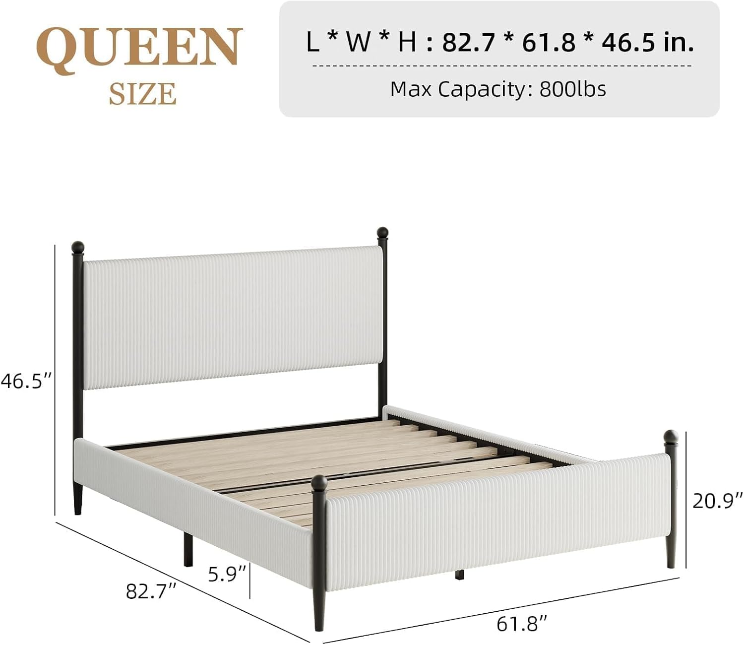 BarnFurin Queen Bed Frame with Headboard, Upholstered Metal Platform Bed with Corduroy Velvet and Wooden Slats, Sturdy Noise-Free Design, Easy Assembly, No Box Spring Needed, White