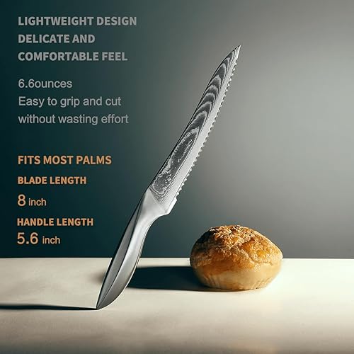 Miniatura 3 de Cuchillo de Pan de Acero Damasco 9C: Un Cuchillo Dentado de Borde Ondulado Ancho con una Hoja de Acero Inoxidable Mejorada Súper Afilada de 8