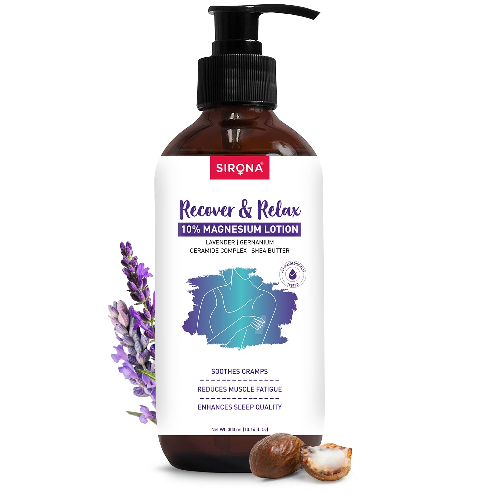 Sirona 10% Magnesium Body Lotion - 300 ml | For Muscle Relaxation, Cramps Relief & Better Sleep | Lavender & Geranium | With Ceramide Complex & Shea Butter | Fast-Absorbing | Dermatologically Tested-image-34
