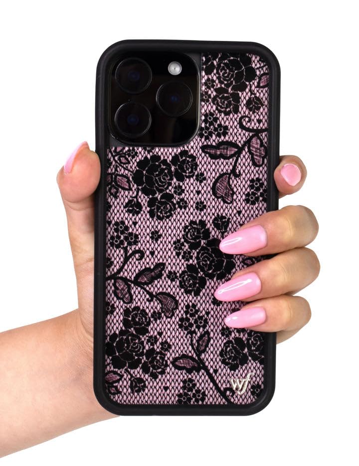 Image of Wildflower Cases - Compatible with iPhone 16 | Protective Black Bumper, 6.5ft Drop Test Certified, Women Owned Small Business | Pink Black Floral Rose Aesthetic Trendy | Lace Lover