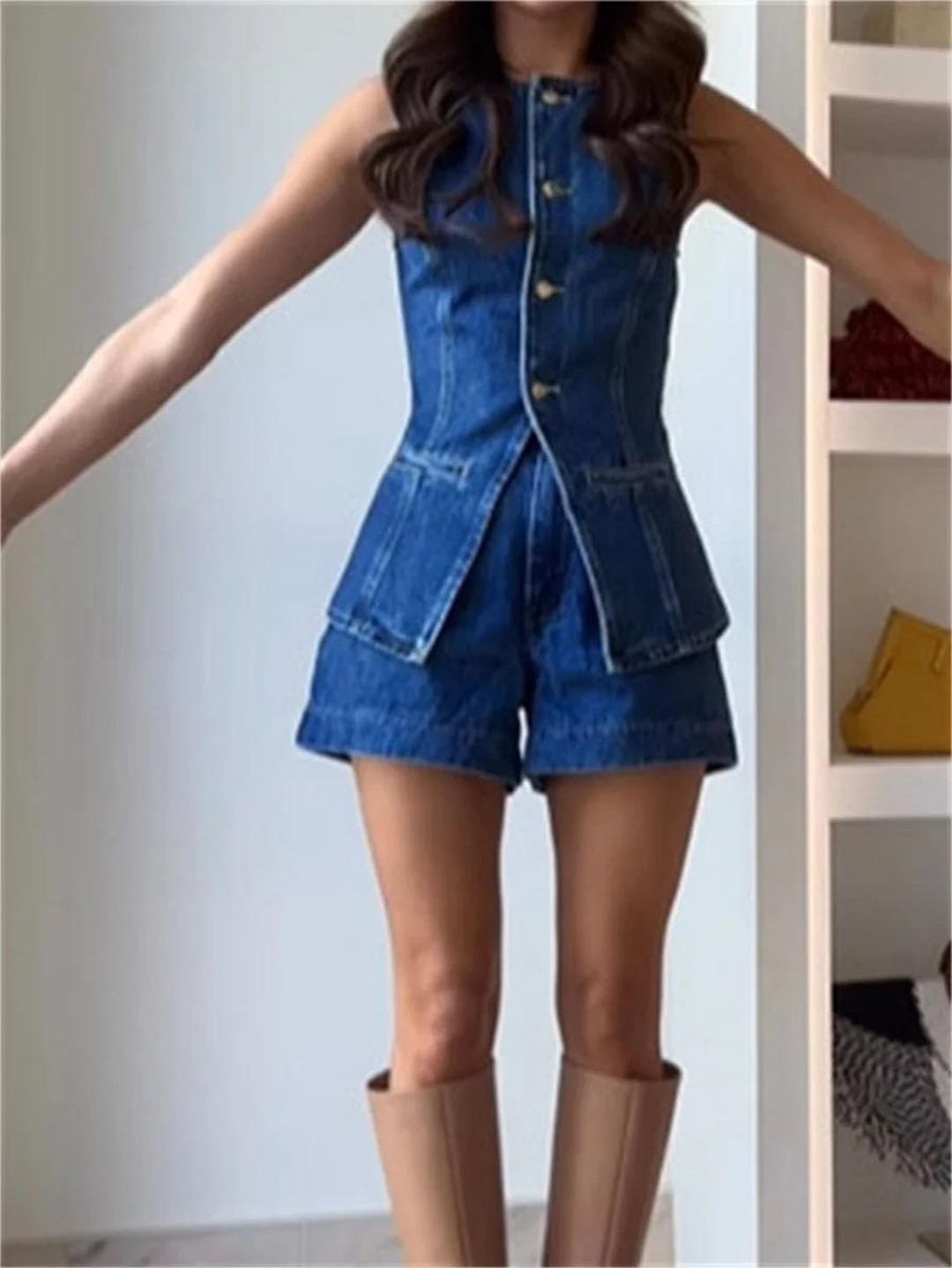 Women Summer Denim Sleeveless O Neck Single Breasted Split Top Vest And High Waist Wide Leg Shorts Set