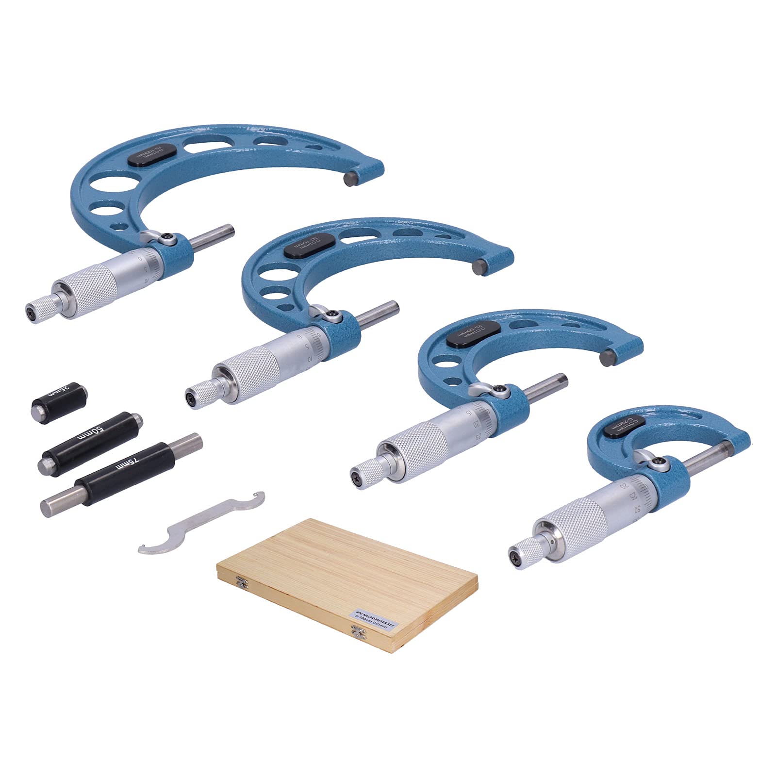4 Stück Externes Mikrometer-Set, Außen Mikrometer Hohe Genauigkeit Metall-Messwerk Zeugs Atz Zum Messen Außen Durchmesser 25/50/75/100MM 0,01mm