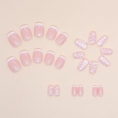 Miniatura 3 de Uñas postizas cuadradas cortas a presión, uñas postizas blancas con diseño de rayas irregulares, color rosa brillante, uñas postizas reutilizables,