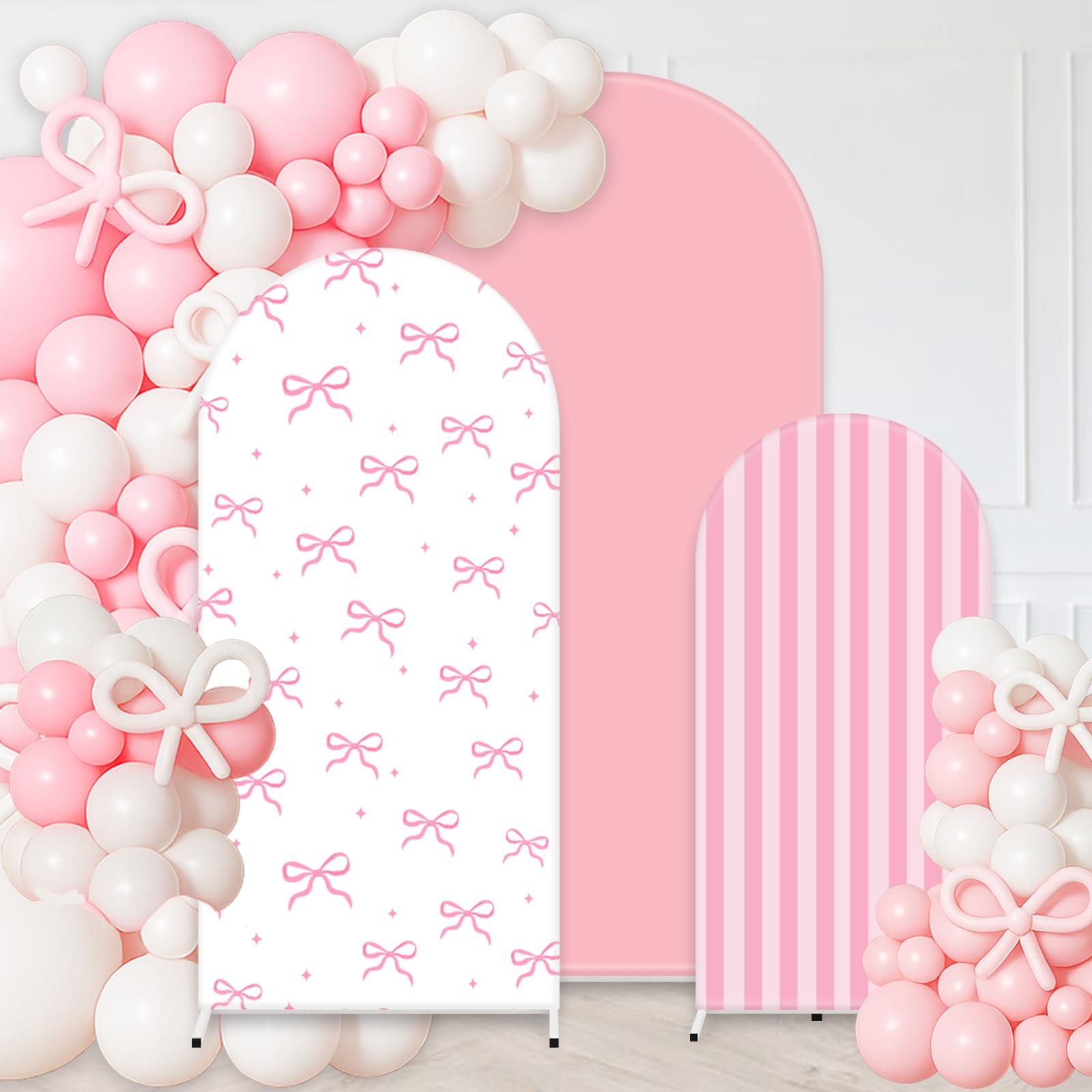 FYSUIMU 3Pcs Pink Bow Arch Cover Pink White Bowknot Stripe Backdrop Photography Background for Photo Booth Props(4ft/5ft/6ft)