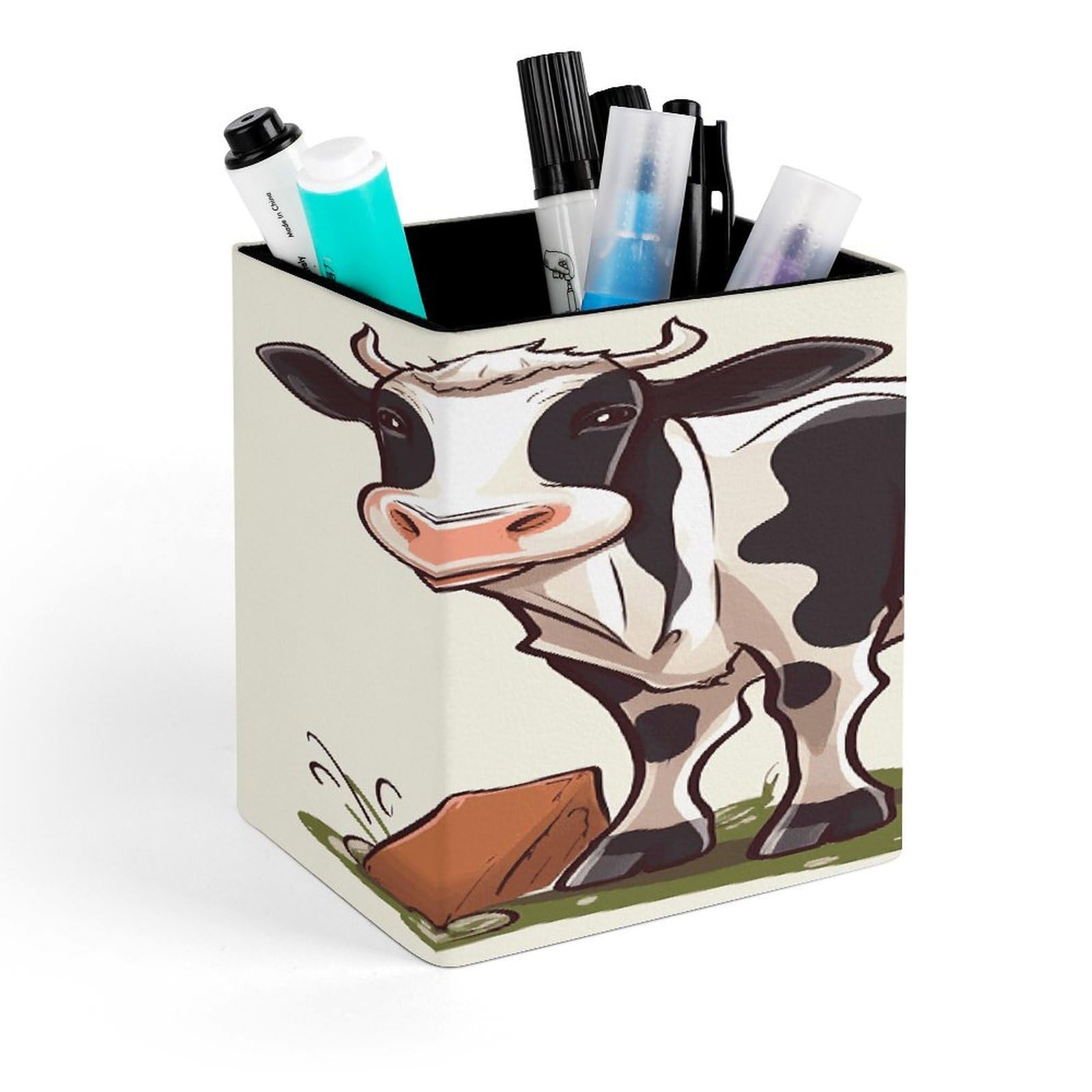 FekiLoot Dairy Cow Pen Holder for Desk Minimalist Leather Pencil Holder Fashion Modern Pencil Cup Decorative Square Pen Cup Locker Organizer for Office Work Locker Accessories