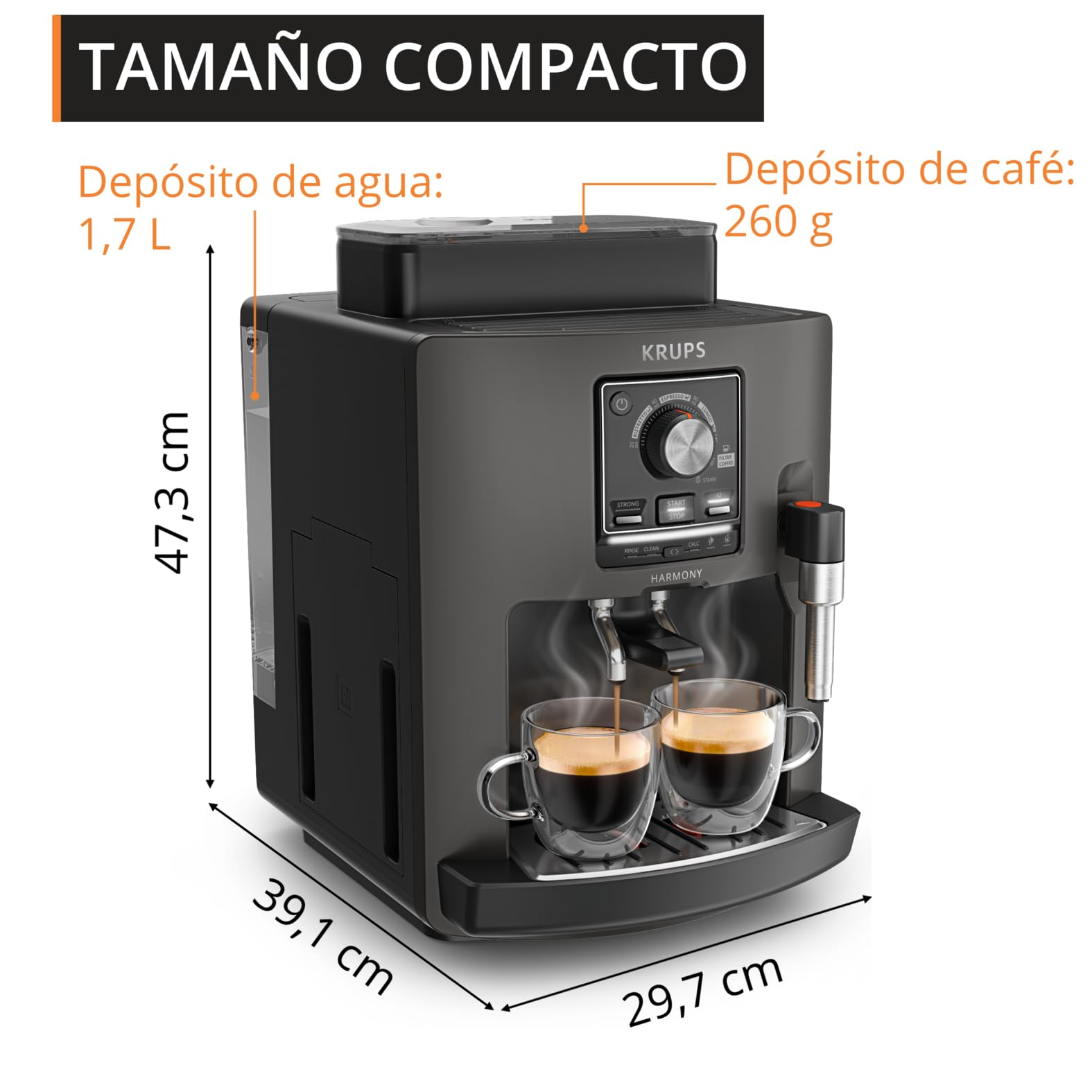 Krups Harmony, Cafetera Superautomática, 4 Bebidas de café y leche, Espumador De Leche, Limpieza automática, Funcioón de doble taza, Compacta, Color carbón, EA508BE0