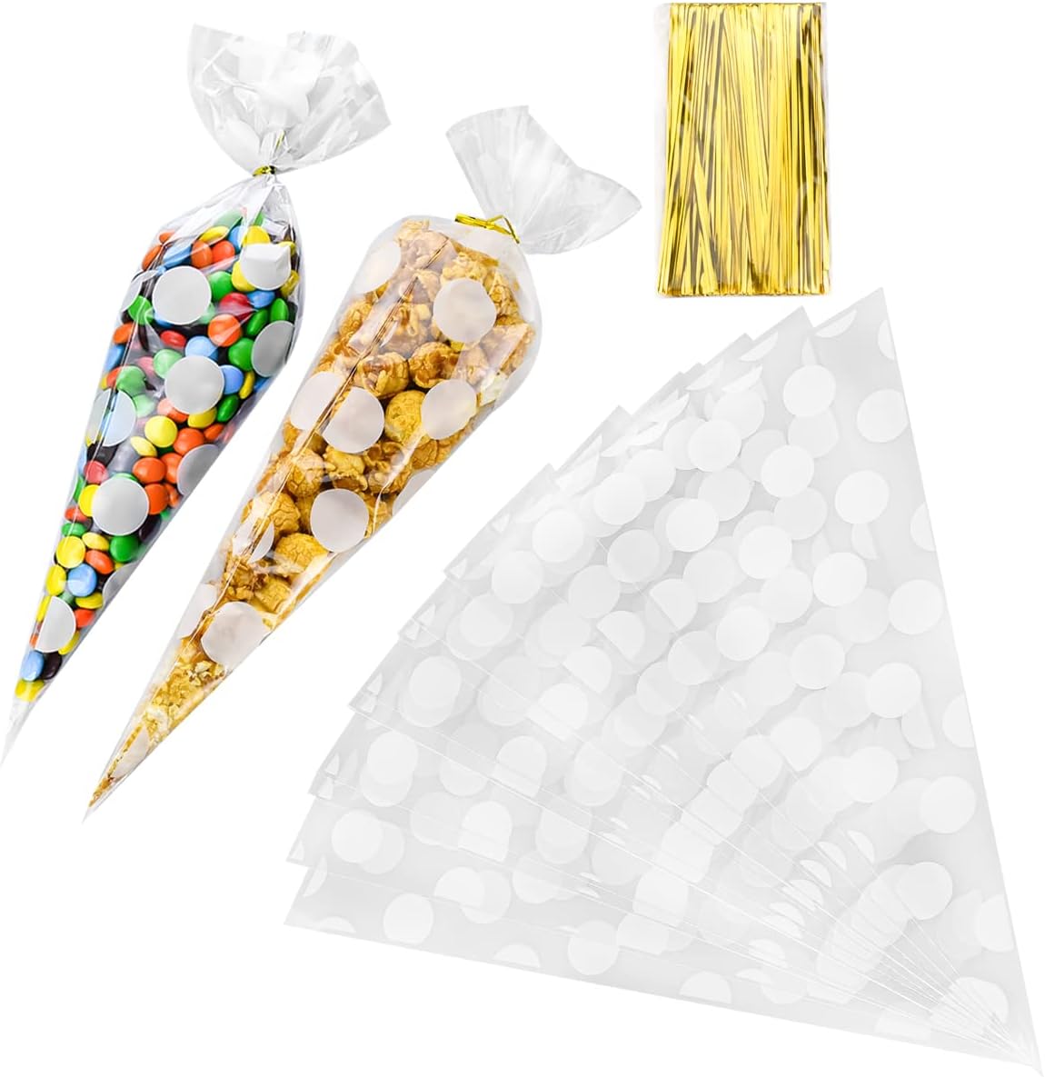 Enenes 7" by 15" Cellophane Treat Bags, 100 PCS Baby Shower Popcorn Bags, Cellophane Bags, Clear Triangle Treat Bags with Twist Ties for Candies Handmade Cookies（100 White Dot Bag）