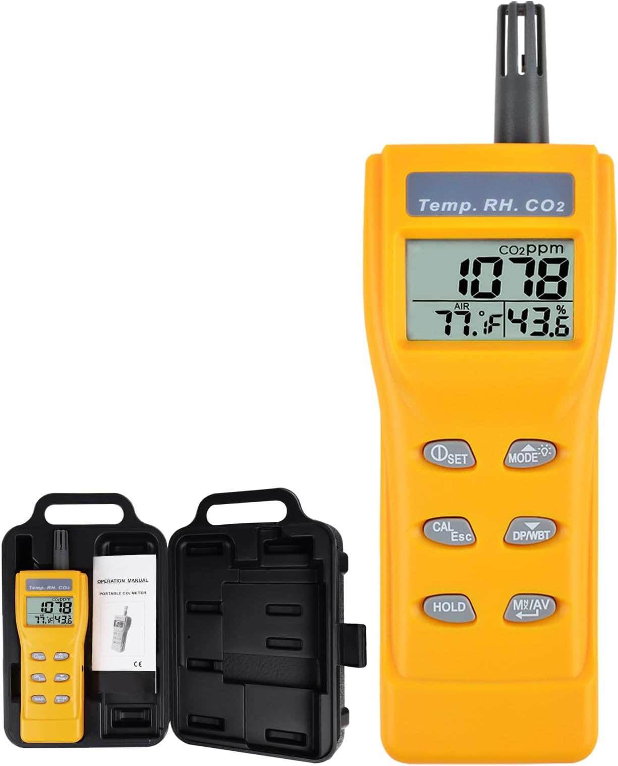 Portable Digital Carbon Dioxide Temperature Humidity Indoor 9999ppm NDIR Sensor IAQ CO2 Monitor Wet Bulb Temperature (WB) Dew Point (DP) Tester CO2 Monitor for Indoor Air Quality (IAQ) Diagnosis by TekcoPlus