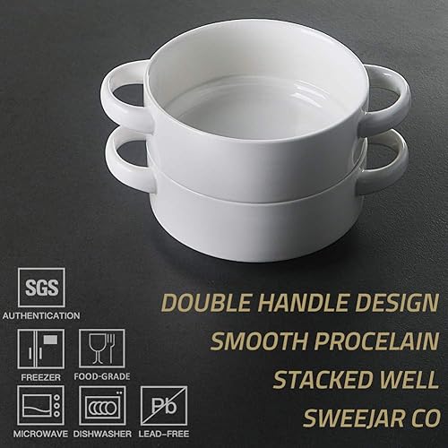 Miniatura 8 de SWEEJAR - Cuenco de cerámica con asas dobles, 20 onzas apiladas para sopa de cebolla francesa, cereales, guiso, frío, pasta, juego de 4