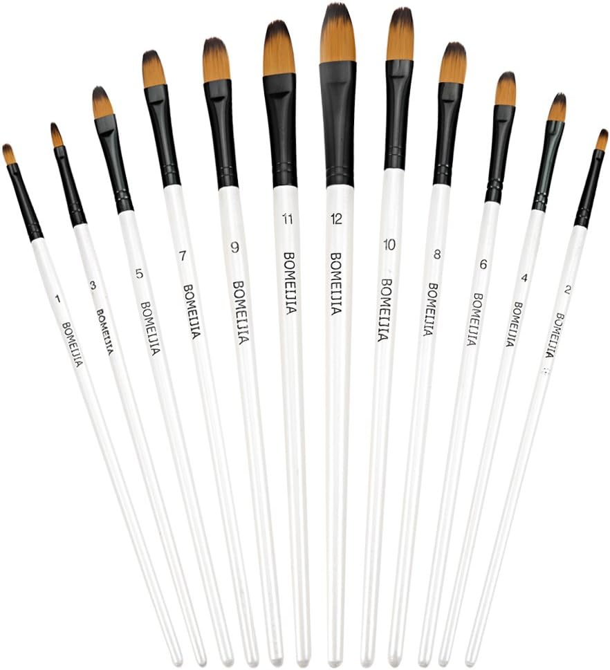 Artist Paint Brushes Set - 12 Piece - Filbert Golden Nylon Bristles - Professional Brush for Watercolor Acrylic, Gouache, Oil and Facepaint