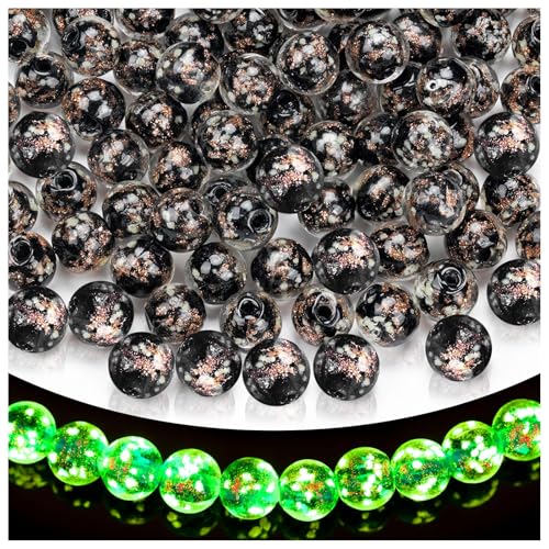 108PCS Glow in The Dark Beads - 8mm Luminous Glass Beads Crystal Round Glow Firefly Glass Bead for Jewelry Making DIY Crafts Bracelets Earring Spacer Bead (Black)
