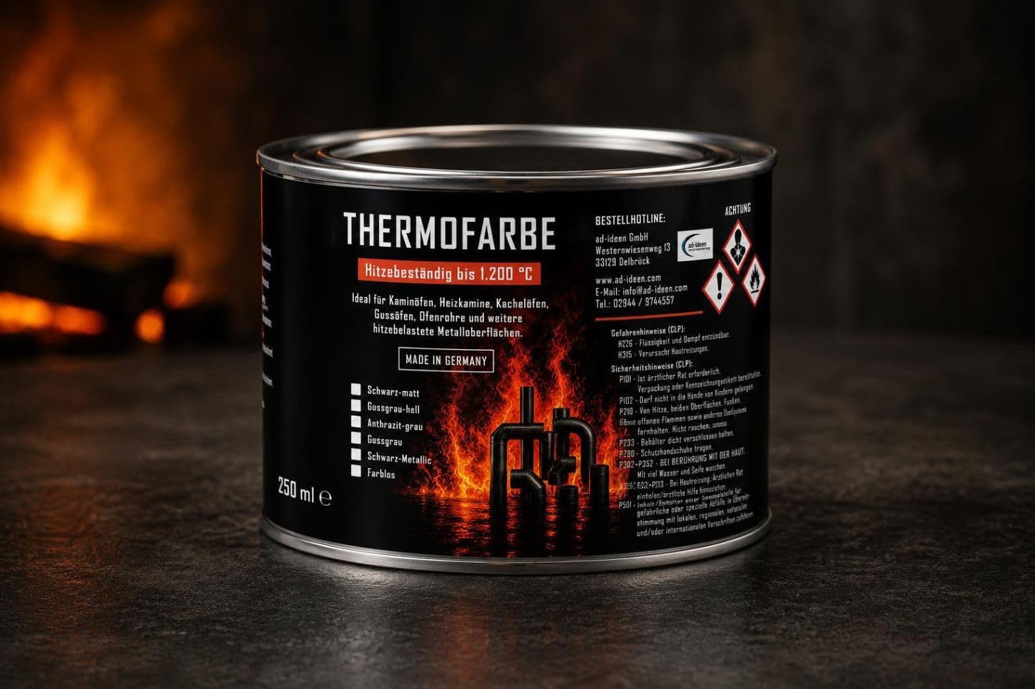 Ofenlack 1200°C Thermofarbe Ofenfarbe Thermolack Schwarz matt 250ml (ad-ideen)