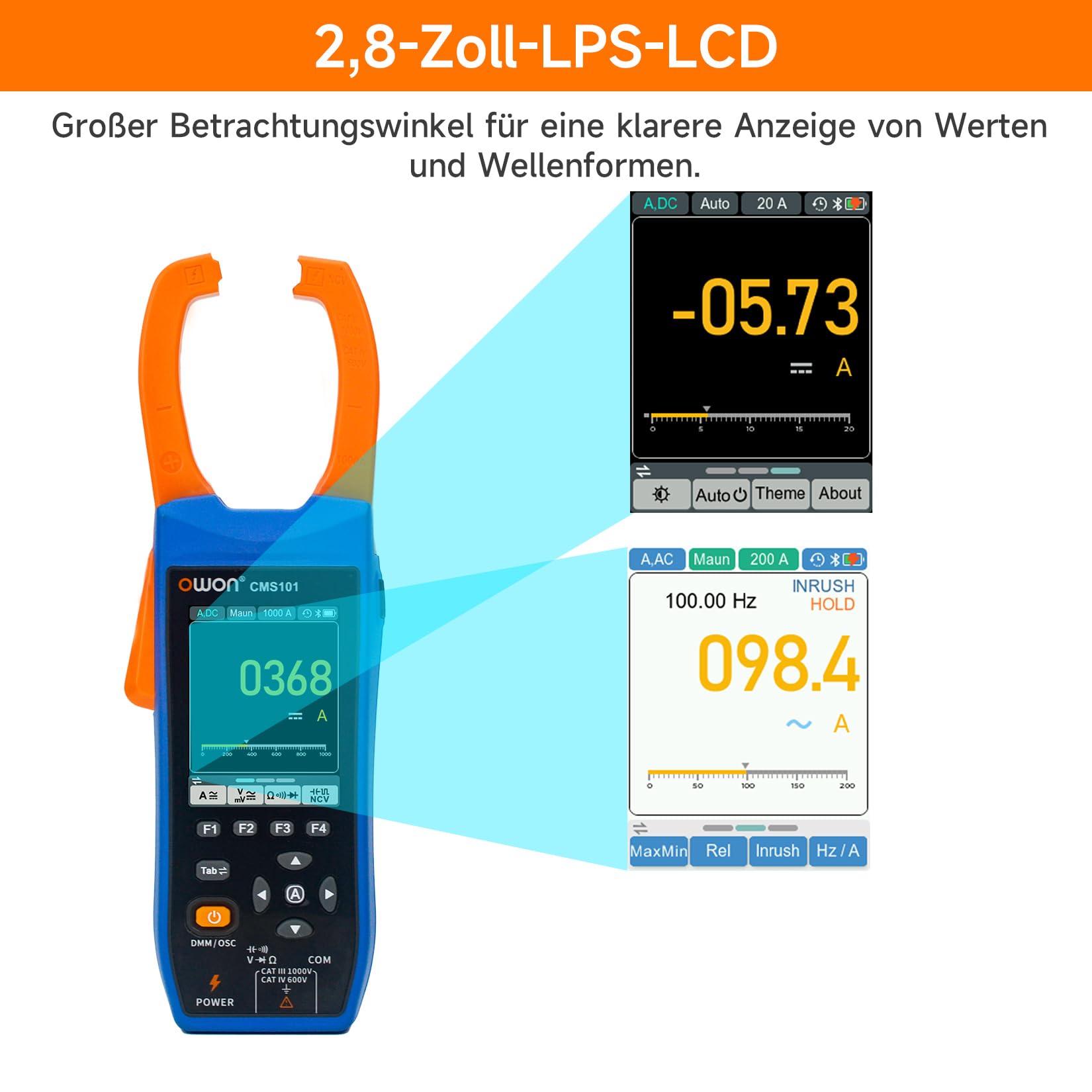 OWON CMS101 Bluetooth Stromzangenmessgerät AC/DC, Oszilloskopfunktion, Schreiberfunktion 3 in 1, 20000 Zählungen True RMS Auto-Range, Bluetooth Stromzangenmessgerät für Elektrofahrzeug