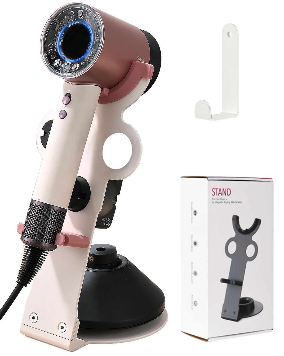 Photo 1 of genyen eye Hair Dryer Holder Stand for Dyson Hair Dryer, Upgraded Dyson Hair Dryer Holder Dyson Hair Dryer Stand Pink to Store 5 Dyson Hair Dryer Attachments with Cable Hook