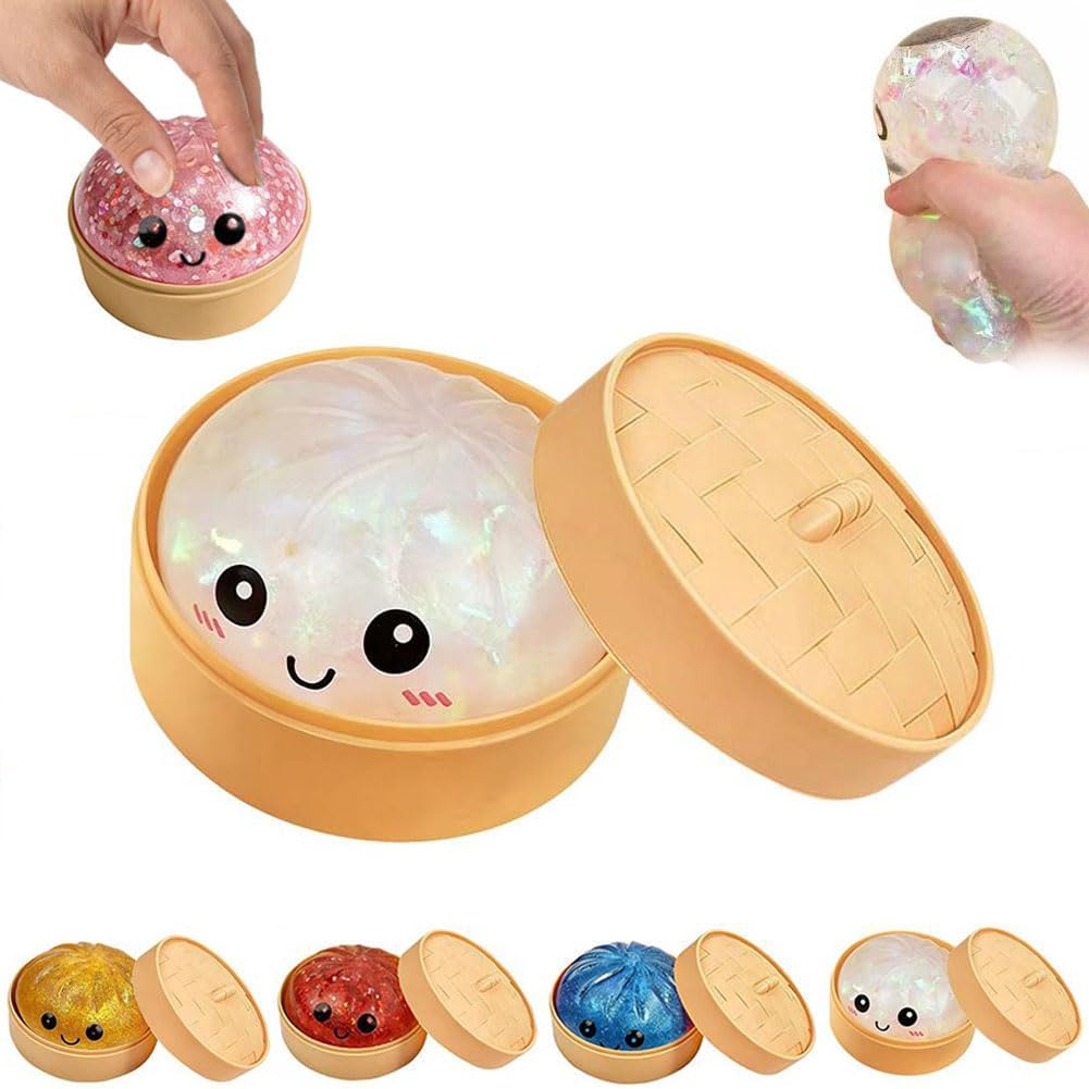 Giant Dumpling Squeezes Stress Ball,Cute Glitter Rainbow Dough for Adults & Teens,Soft Jumbo Anxiety Relief Dough with Steamer Box,Gift for Office Desk (1Pcs-Clear)