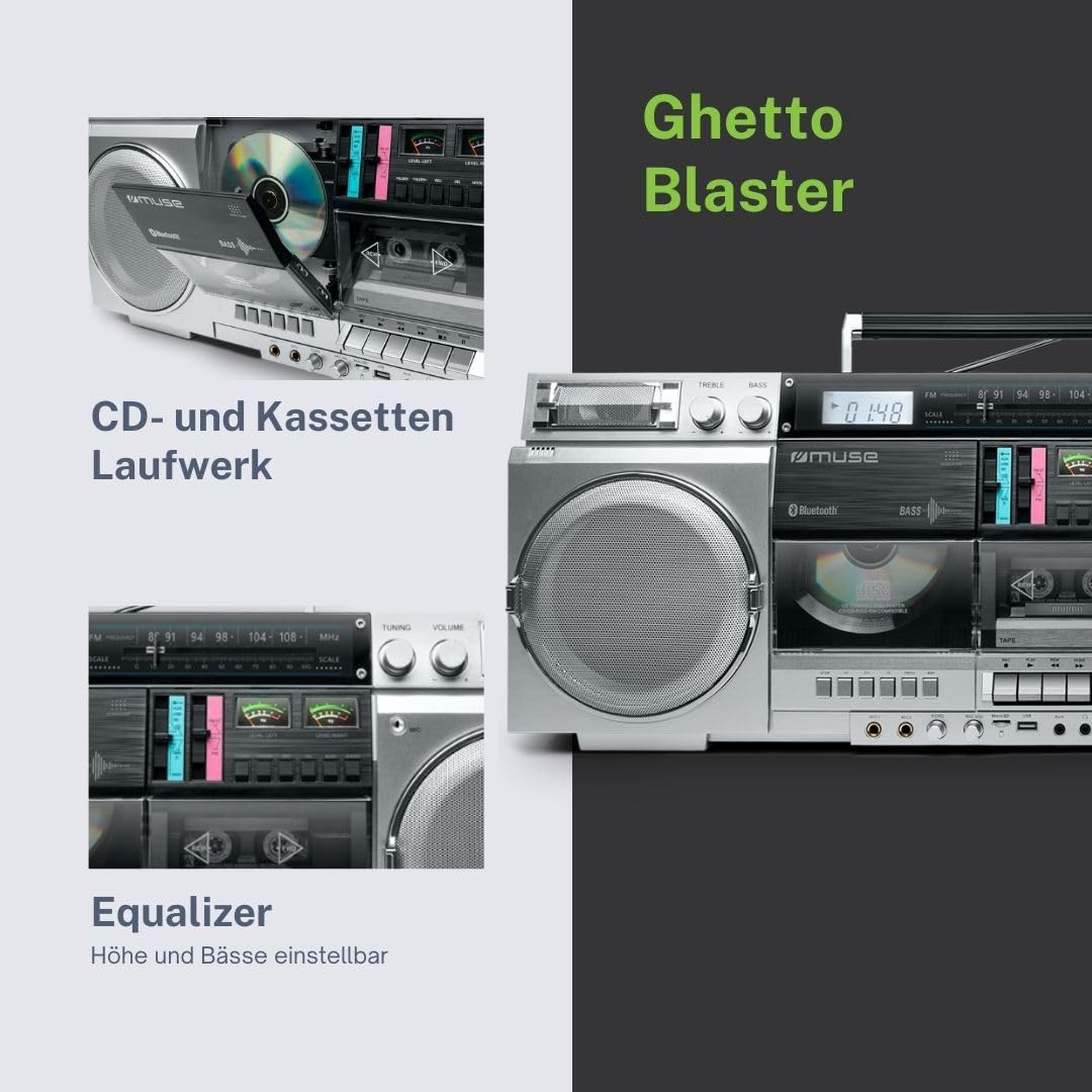 Muse M-380GBS Boombox Cassettes rétro Lecteur CD AUX Bluetooth Compatible Smartphone Enregistreur Cassette Design Vintage