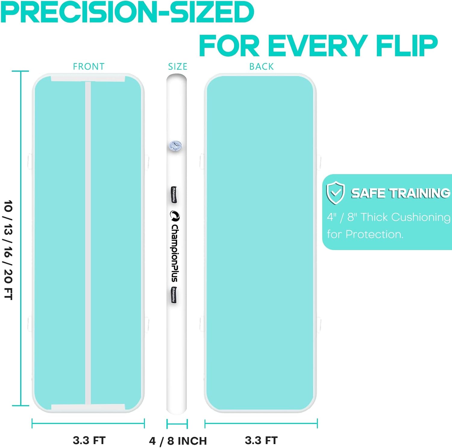 10ft 13ft 16ft 20ft Tumble Track Tumbling Mat Inflatable Gymnastics Air Mat 4/8 inches Thickness for Home Training Cheerleading Yoga with Electric Air Pump 10'x3.3'x4" Double Mint Green