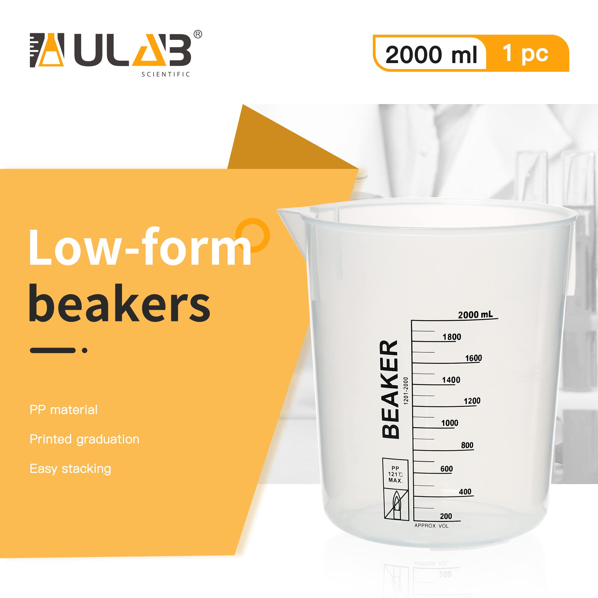 ULAB Scientific Stackable Graduated Plastic Beakers, Vol.2000ml(68oz), with Easy-to-Read Printings in Black, UBP1015