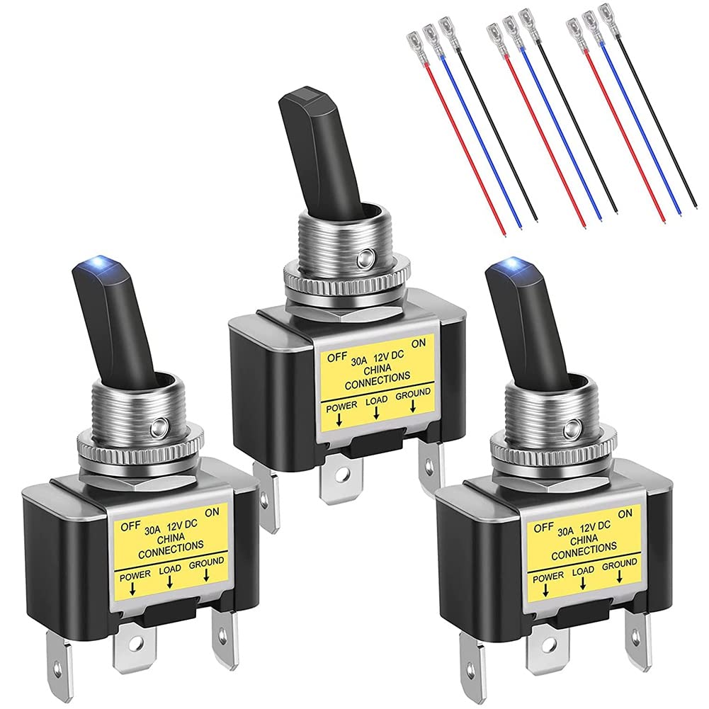 Jufjsfy 3 Interruttori A Levetta 30A 12V DC Con LED Blu - SPST On/Off Per Auto, Fendinebbia E Barche