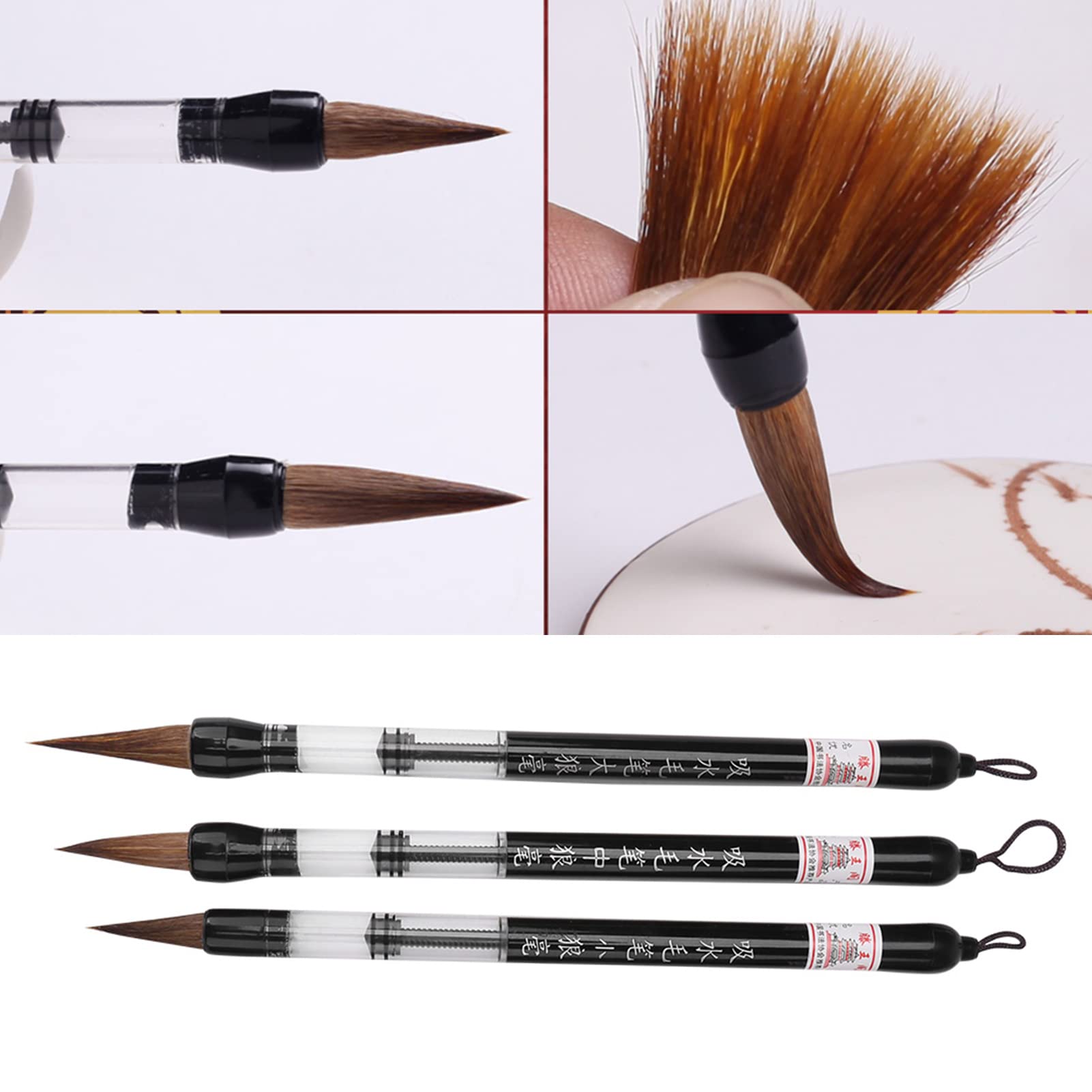 SIXRUN Set di Pennelli Ad Acqua, Pennelli Cinesi con Punta in Nylon, 6 Pezzi di Riempimento a Pistone in 3 Dimensioni con Teste Bianche e Marroni per Esercitazioni di Calligrafia, Scrittura Ad Acqua,