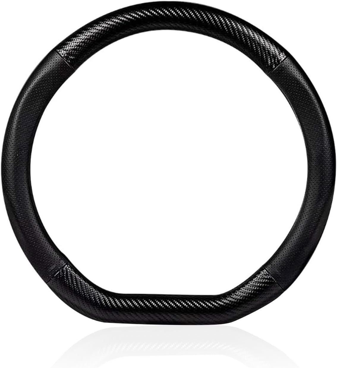 Leather Car Steering Wheel Cover, Breathable Anti-scratch D-shaped Protector for All Seasons, Non-slip Rubber Liner Sleeve, Universal for 14.1" - 15.3" Steering Wheels (Carbon Fiber Black)