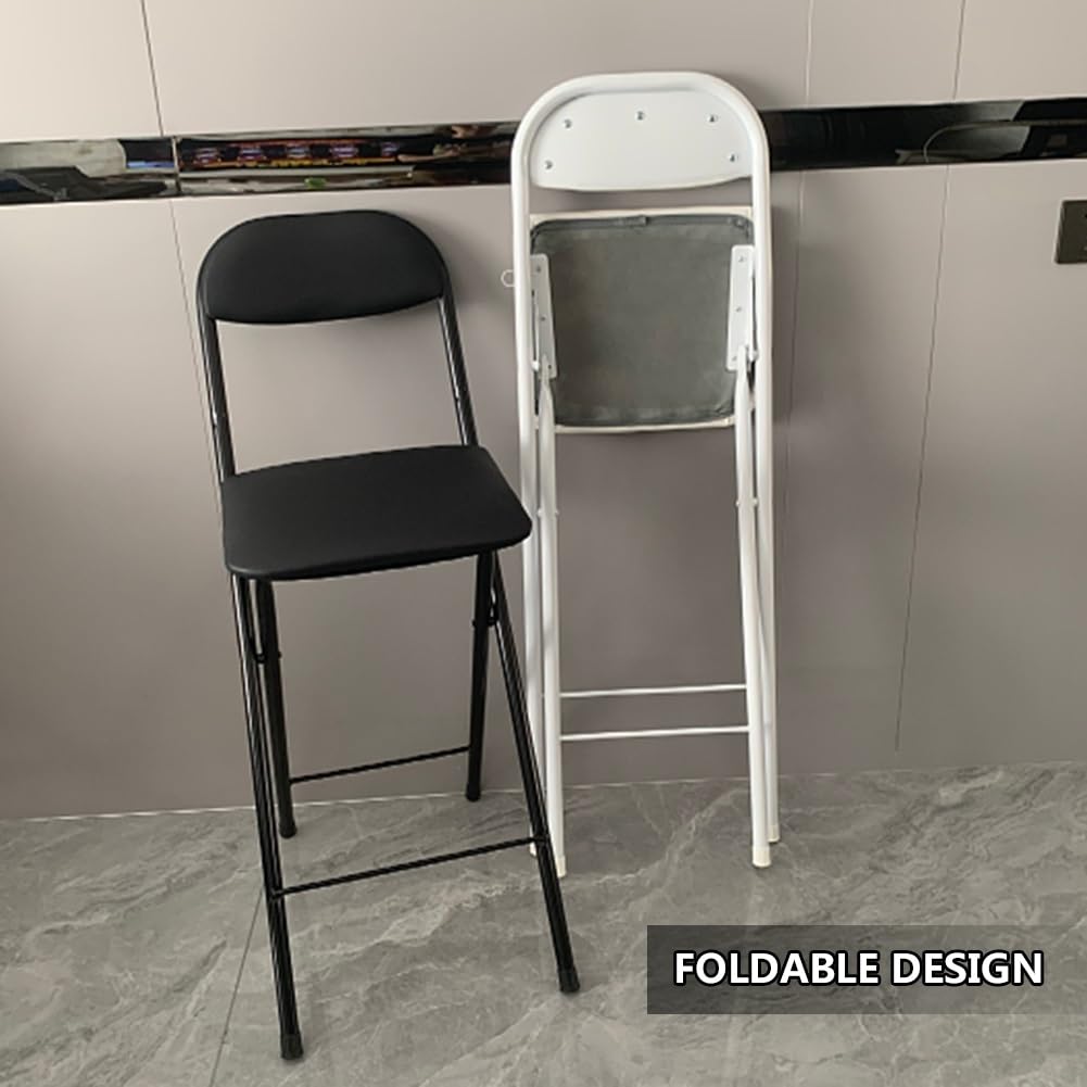 Taburete alto plegable de 65 cm con respaldo, silla de bar que ahorra espacio con reposapiés para cocina, oficina, tienda, color blanco, asiento de altura de barra de 70 cm