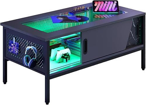 Bestier Mesa de centro LED de 42 pulgadas con almacenamiento, mesa de centro moderna con tapa de vidrio para sala de estar, mesa central negra con