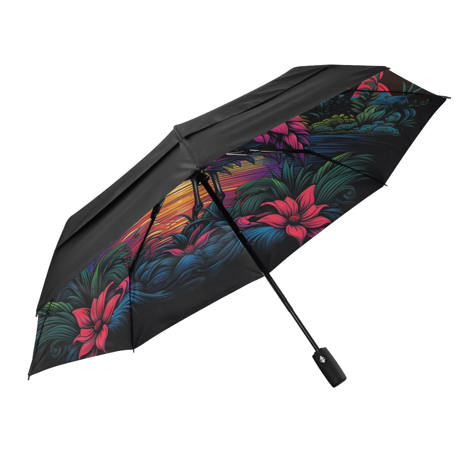 Flamenco De NeóN Fresco Paraguas de Viaje Resistente al Viento Apertura Cierre AutomáTicos,Compacto con ProteccióN Solar UPF 50+ Ideal para JóVenes Chicas
