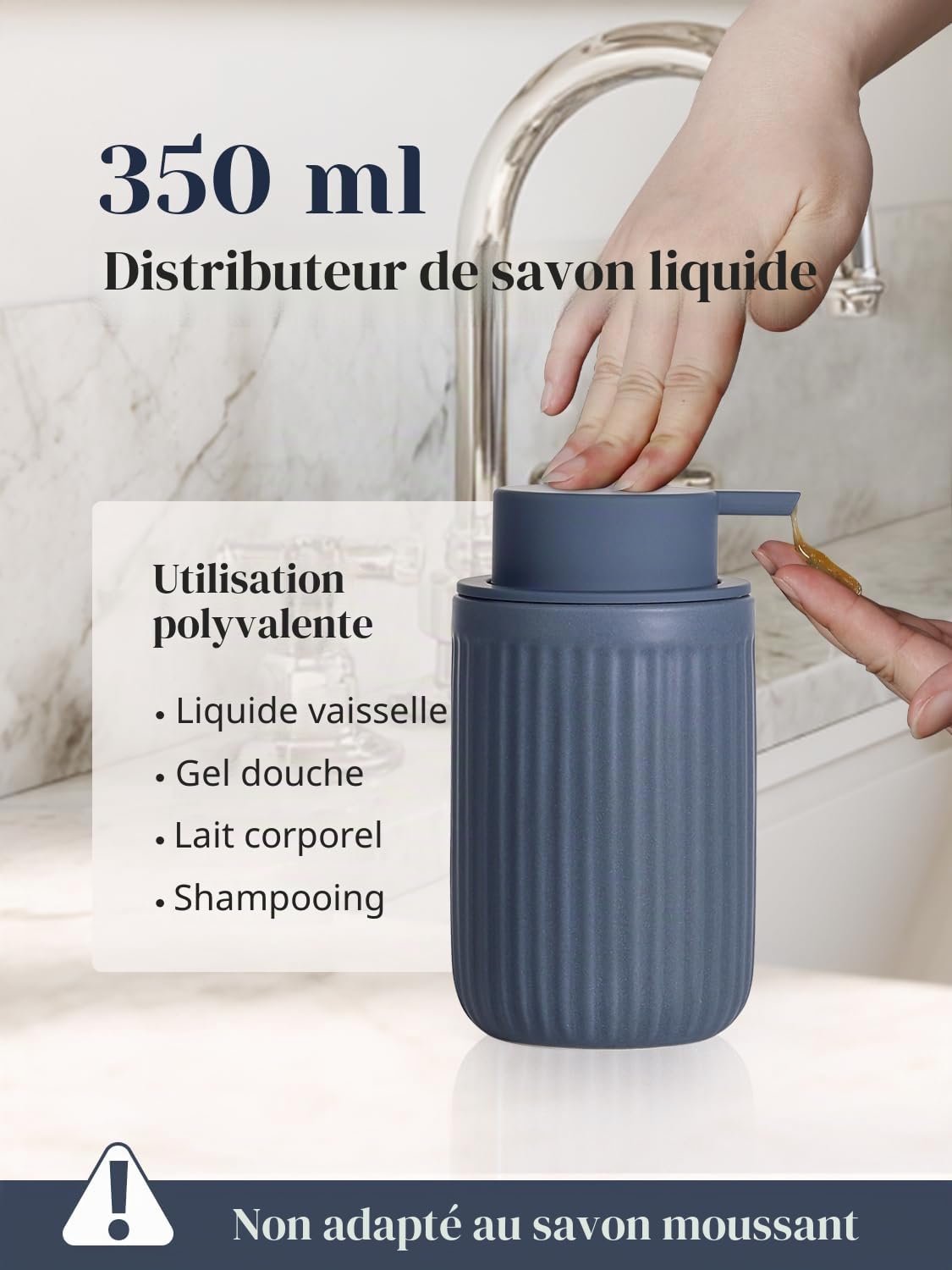 Lot de 4 accessoires de salle de bain en céramique - Bleu - Distributeur de savon de 350 ml - Gobelet à brosse à dents - Porte-savon et cotons-tiges - Accessoires de salle de bain