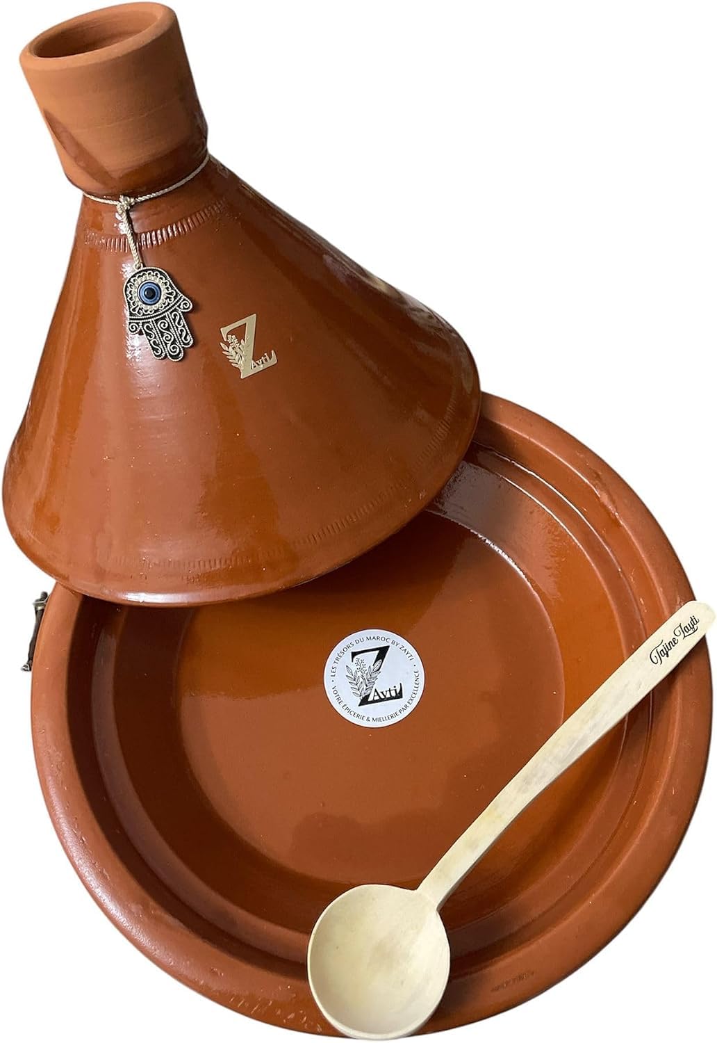 Tajine Marocain Traditionnel – 30 cm de Largeur × 25 cm de Hauteur – Avec Accessoires Inclus – Diffuseur de Chaleur + Support de Protection + Petite Louche – Cuisson Artisanale