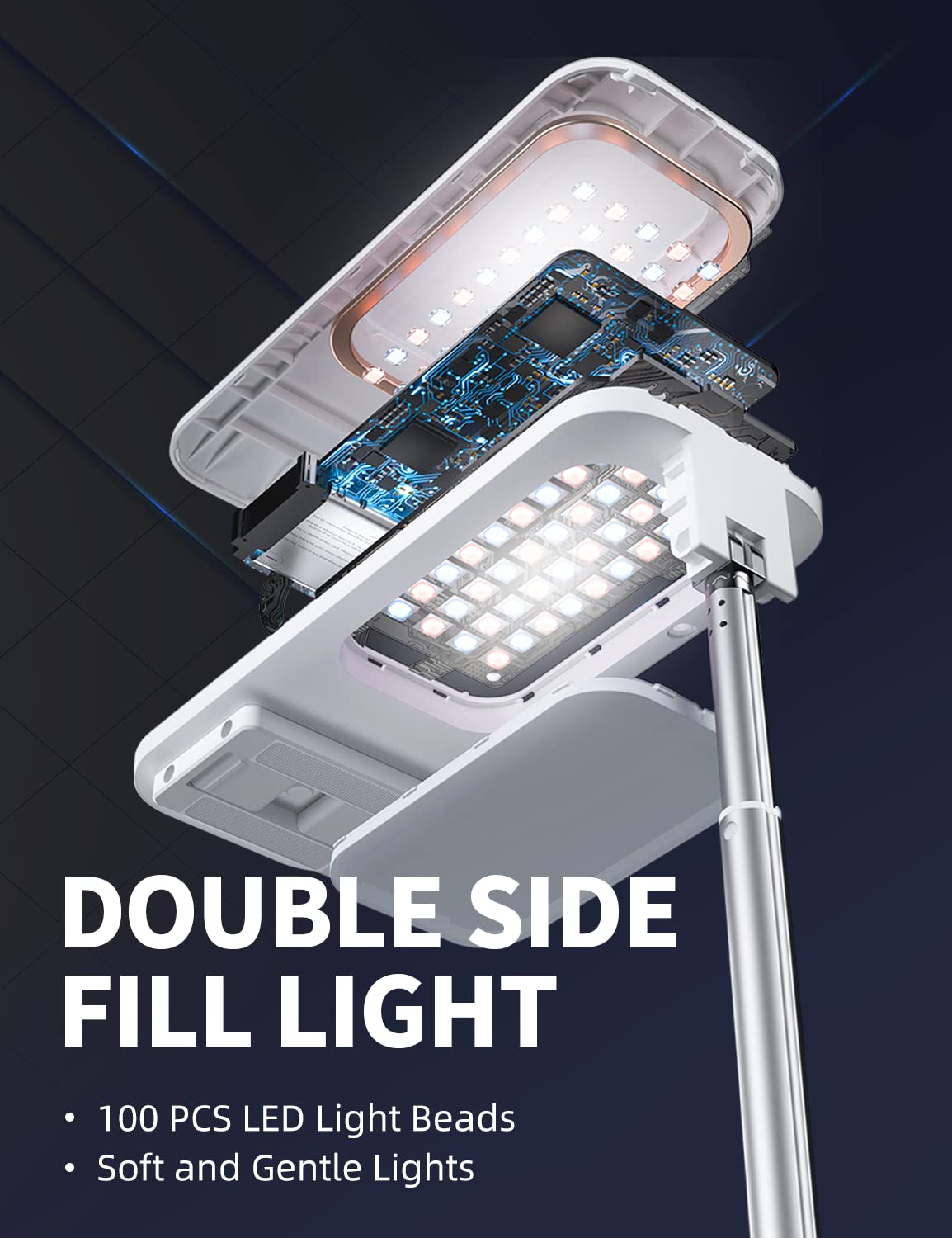 Supporto per selfie con rotazione a 360°, pieghevole, ricaricabile, senza fili, registrazione in testa con batteria da 1000 mAh, per live streaming, make up, YouTube, Tiktok, Vlog, 7 luci LED