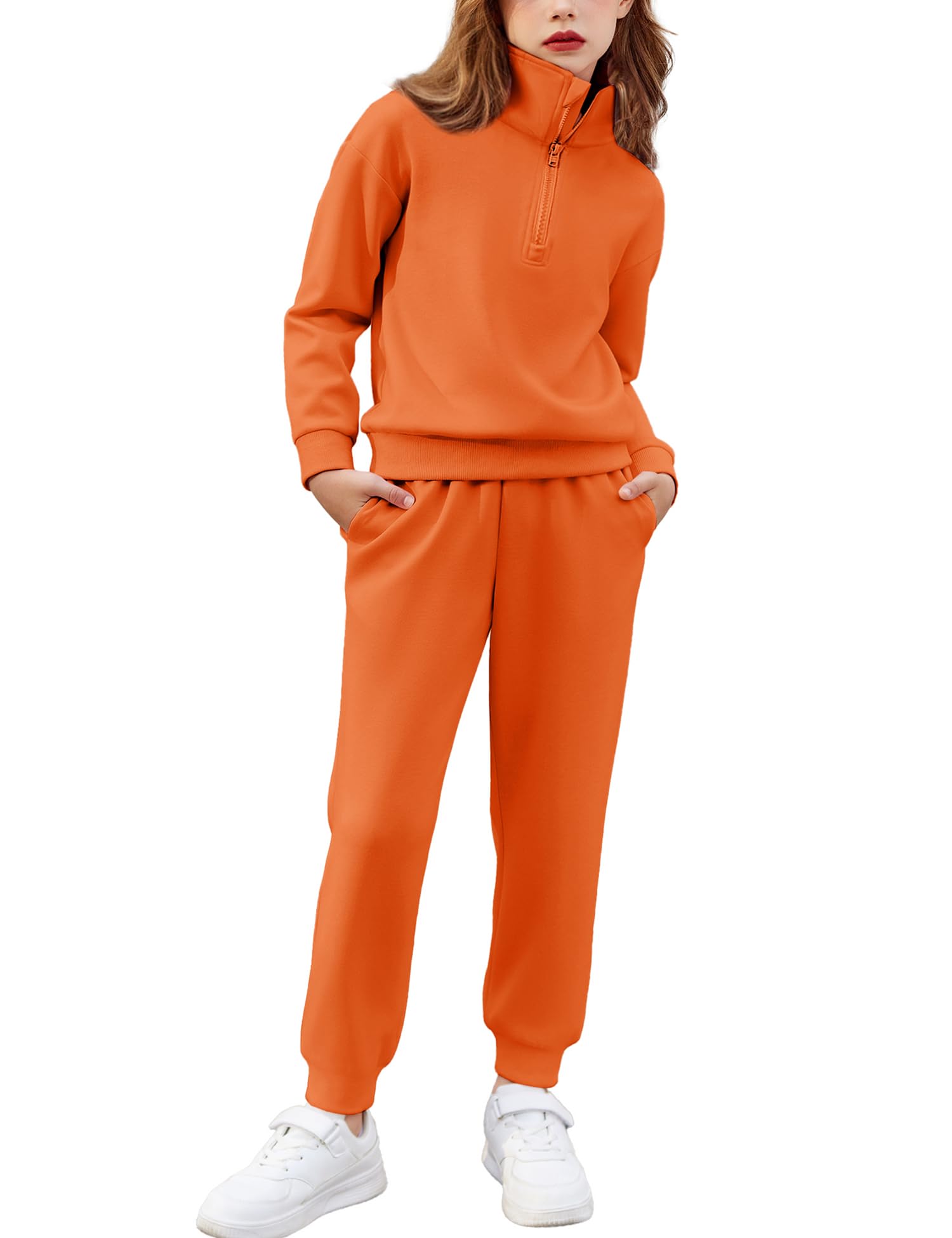Arshiner Toddler 5t Girl Clothes Zip Up Pullover Sweatshirt and Sweatpant Sets Tracksuit Workout Set Orange 5-6Y