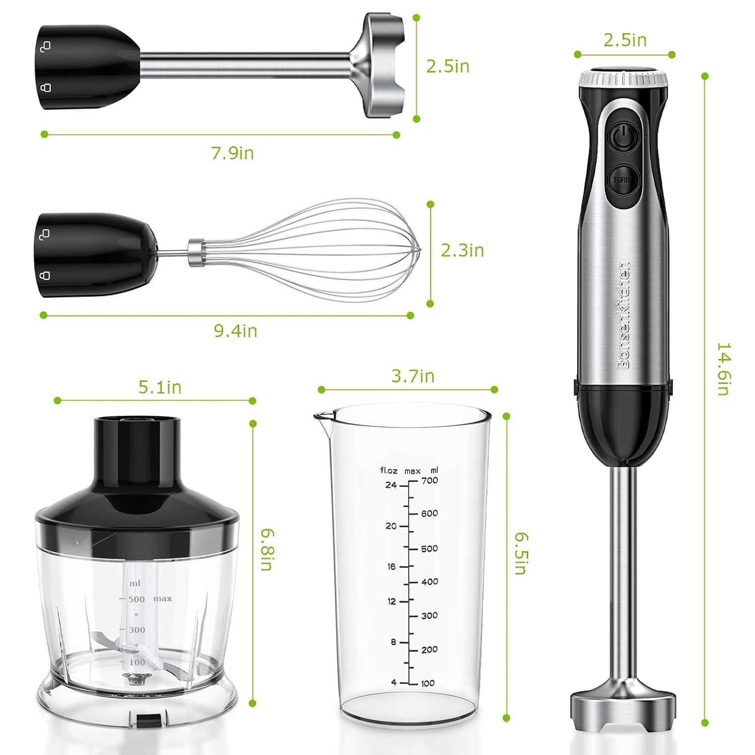 Bonsenkitchen Immersion Blender, 20 Variable Speeds & Turbo, 4-In-1 Stainless Steel Handheld Blender Stick, Egg Whisk, Perfect for Soups, Baby Food, Easy Clean, Versatile Kitchen Tool