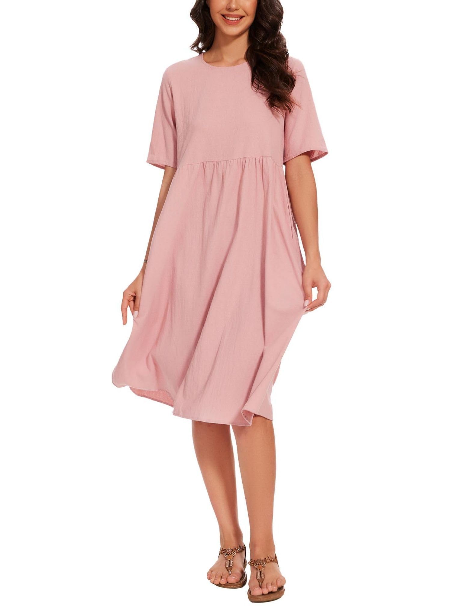 Maxi abito da donna in cotone e lino, girocollo, mezze maniche, taglie forti, casual, comodo, lungo abito con tasche