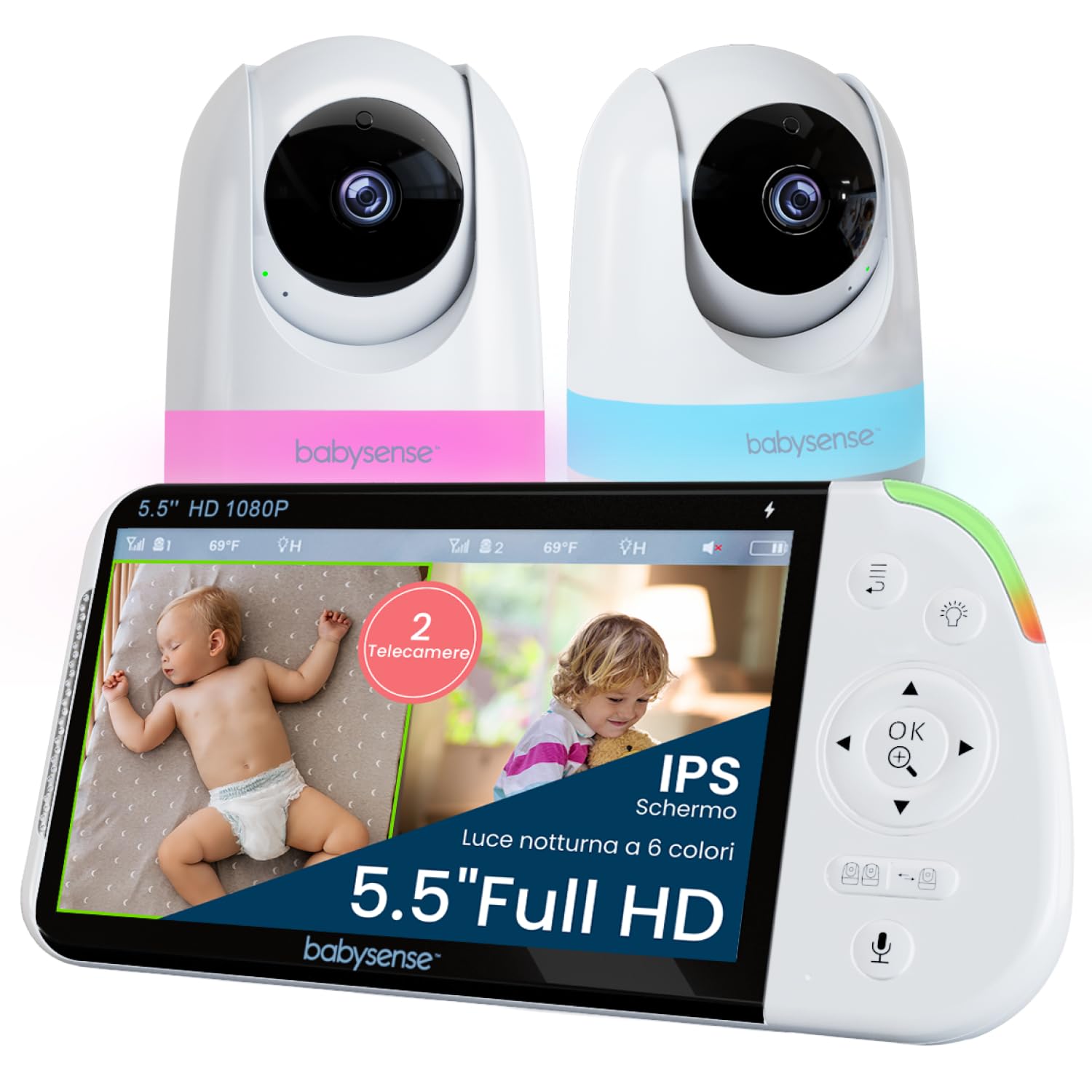 Babysense Babyphone Full HD con schermo diviso a 2 camere, luce notturna a 6 colori, rilevatore di rumori e luci, batteria da 20 ore, connessione sicura senza WLAN