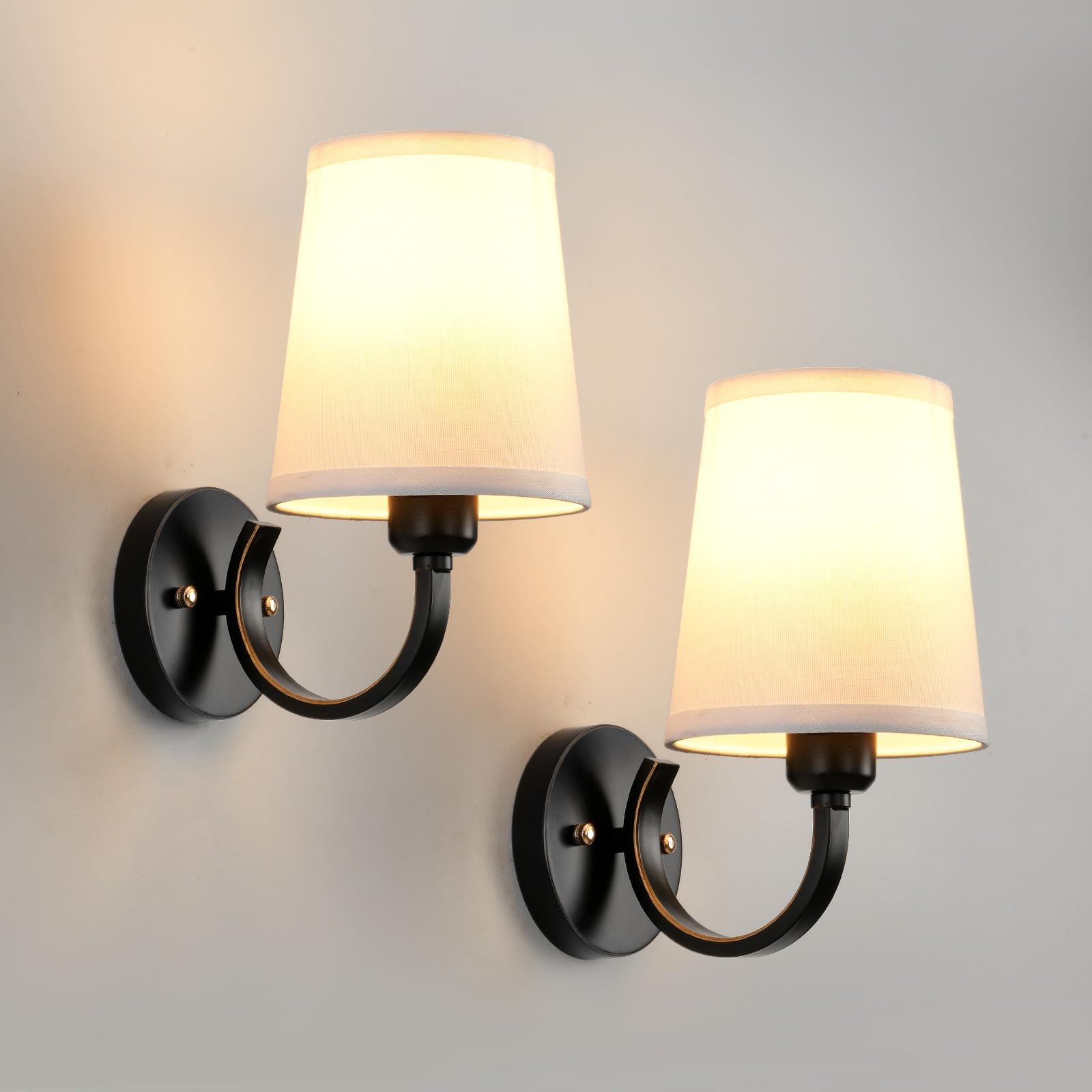 Wall Sconces Set of 2, Modern Wall Lamps for Bedroom, Sconces Wall Light Fixture with Beige Fabric Shade, Indoor Wall Mounted Lamps for Living Room Hallway Kitchen, Black Finish
