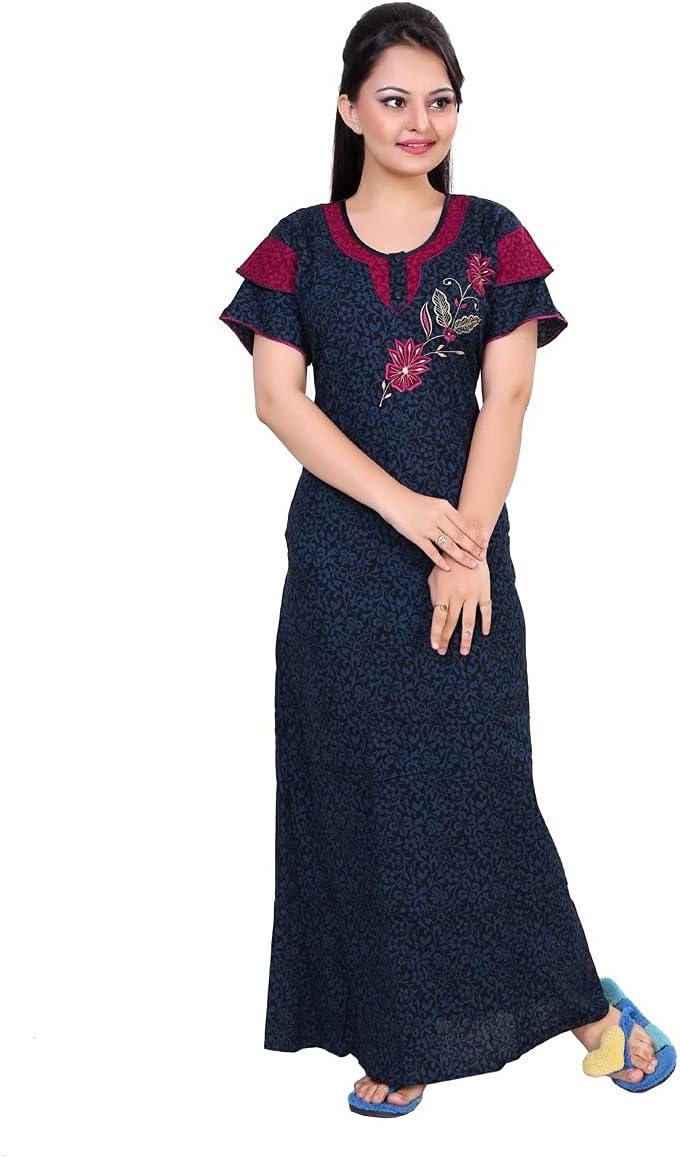 BAILEY SELLSWomen's Cotton Embroidered Maxi Nightgown (BAILEY1226_Blue_Free Size)