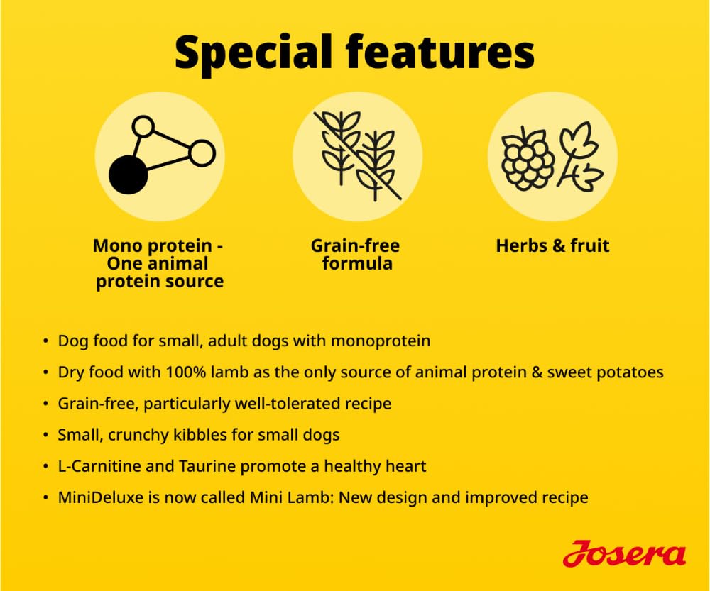 JOSERA Mini jagnięcina dla dorosłych (3 x 3 kg), sucha karma premium dla dorosłych psów małych ras, ze słodkimi ziemniakami, ziołami i owocami, małe krokiety, ekstra tolerowana, bez zbóż, 3 sztuki w