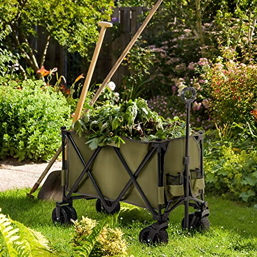 Foto von Outsunny Bollerwagen Faltbarer Handwagen, Transportwagen mit Verstellbarem Griff, Strandwagen mit Taschen, Gartenwagen mit Breiten Drehrädern, bis 120 kg Belastbar, Grün