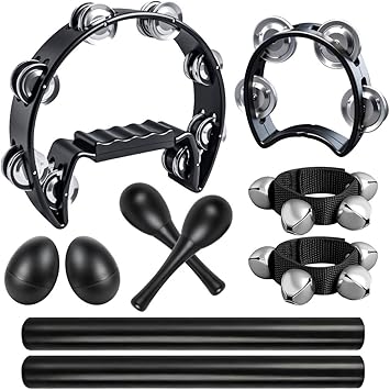 10 Pcs Black Tambourines for Adults - Half Moon Tambourine, Wood Rhythm Sticks, Bells Tambourine, Wrist Bells, Egg Shakers, a Pair Maracas, Musical Percussion Instrument Set for Church,Party